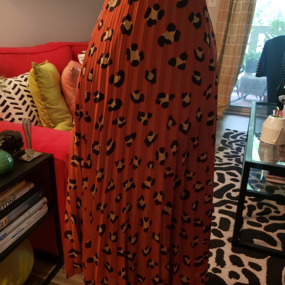 Pleated Leopard Midi Skirt